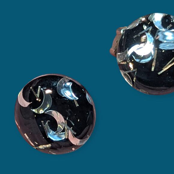 1960s Bewitching Glitter Lucite Clip-On Earrings ~ moons cabochon clear matrix - Picture 4 of 9